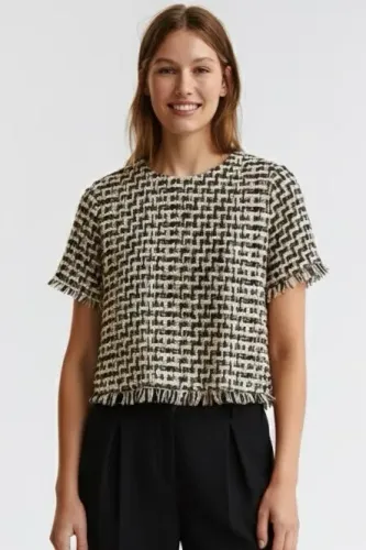 Cropped tam P em tweed xadrez Zara