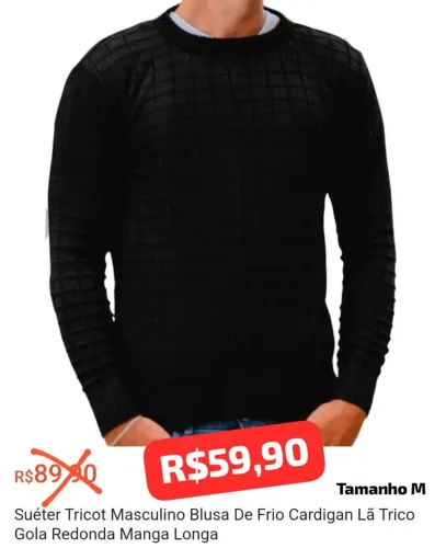 Suéter Tricot Masculino Gola Redonda Manga Longa M