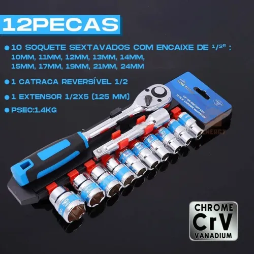 Jogo de Soquetes Sextavados 1/2 - 12 Peças catraca maleta ferramentas- Chrome Vanadium