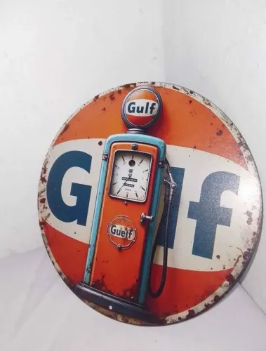 Placa metálica decoração Gulf gasoline 20 diâmetro