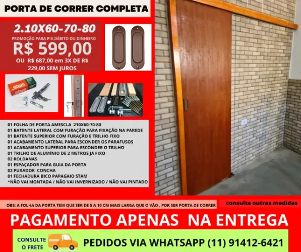 porta correr modelo pc2p 2.10x72 - frete a/c - pagamento an entrega