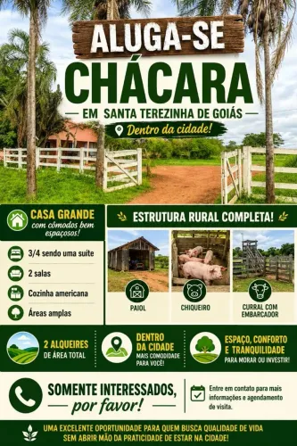 ALUGA-SE CHÁCARA EM SANTA TEREZINHA DE GOIÁS