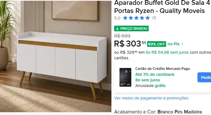 NOVO - Aparador Buffet Gold De Sala 4 Portas Ryzen - Quality Moveis