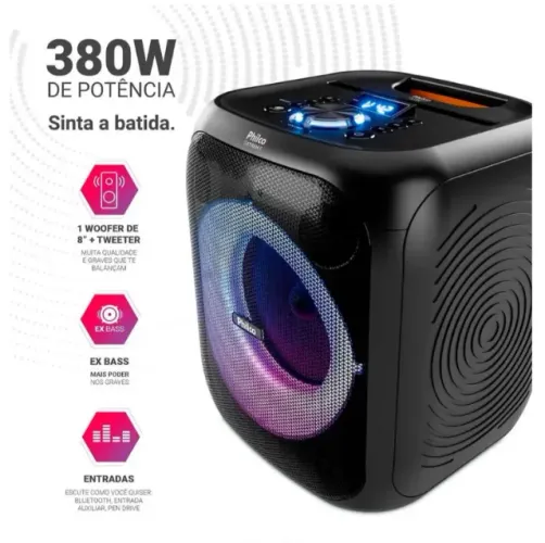 Caixa de Som Amplificada Philco Flash Light PCX4800, Bluetooth, Entrada USB e Bateria inte