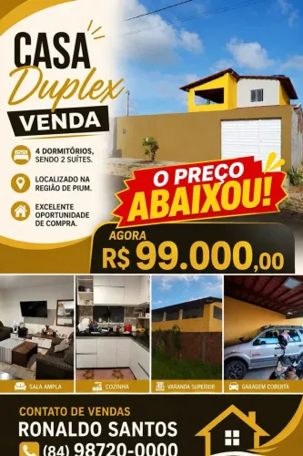 Vendo casa no Pium, 4 dormitórios sendo 1 suíte, apenas 99 mil reais!