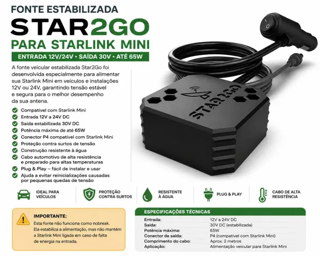 Fonte Veicular Estabilizada Star2Go 30V para Starlink Mini - 12V/ 24V