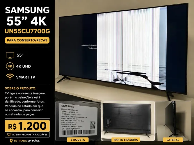 Samsung 55? 4K UN55CU7700G - Tela Danificada | Para Conserto/Peças