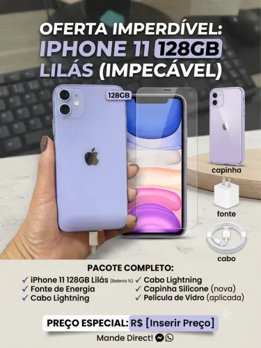 iPhone 11 128GB Lilás Bateria 100% Completo com Fonte, Cabo, Capinha e Película 