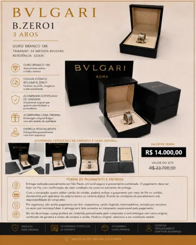 Anel BVLGARI B.zero1 Ouro Branco 18k 3 Aros Original Tam.54, c/ certificado e cx original