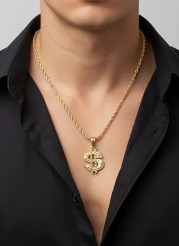 Colar Masculino Cordão Baiano Com Pingente Dólar Aço Banhado a Ouro