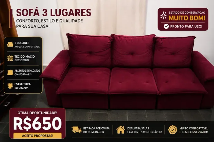 Sofá 3 Lugares Confortável e Conservado - Bom Estado