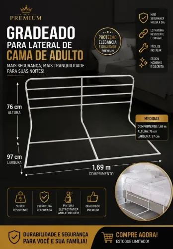 Grade Lateral para Cama Adulto em Aço Reforçado 1,69m - Super Resistente