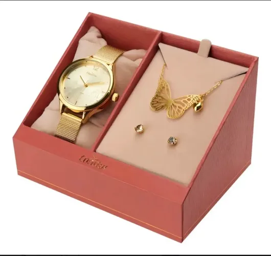 Kit Relógio Feminino Condor + Colar + Brinco - Dourado 