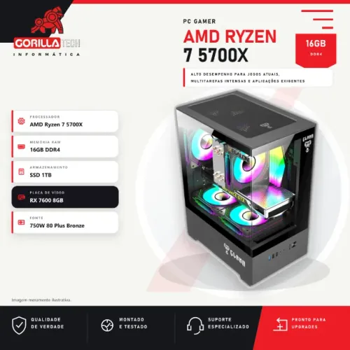 PC Gamer Ryzen 7 5700X RX 7600 8GB 16GB DDR4 SSD 1TB Fonte 750W 80 Plus Bronze Novo