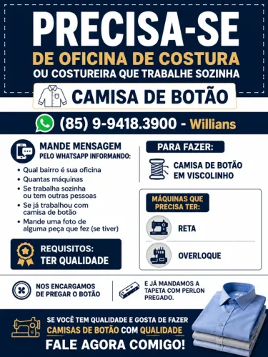 Precisa-se de oficina de costura ou costureira que trabalhe sozinha - Camisa de Botão
