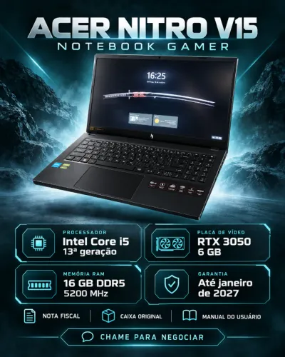 Notebook Gamer Acer Nitro V15 i5 13ª RTX 3050 6GB 16GB DDR5