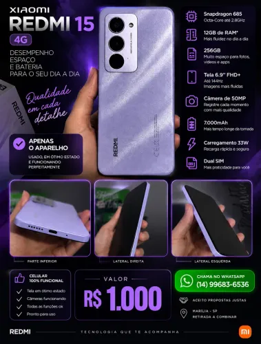 Xiaomi Redmi 15 256GB - Impecável - R$ 1.000