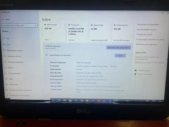 Notebook Dell Inspiron N4050 14? i5 8GB RAM HD 1TB Windows 10 Pro