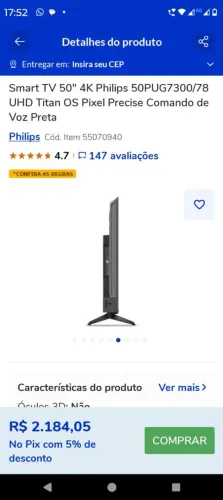 Tv plillips 50 polegadas modelo 50pug7300/78 nova na Caixa
