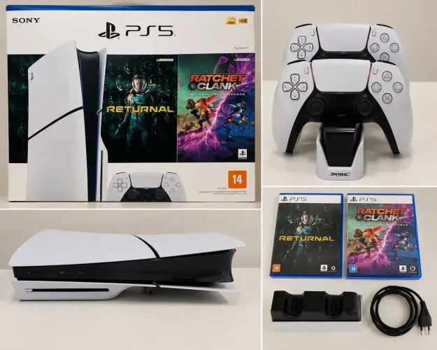PS5 + 2 CONTROLES + 2 JOGOS + CARREGADOR - ESTADO DE NOVO