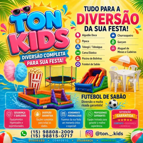 Brinquedos, algodão doce, mesas e cadeiras, churrasqueiro, monitor,etc
