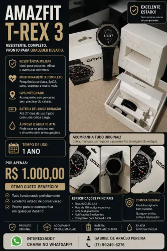 Smartwatch Amazfit T-Rex 3 Preto - Seminovo (Impecável + Caixa e Acessórios)