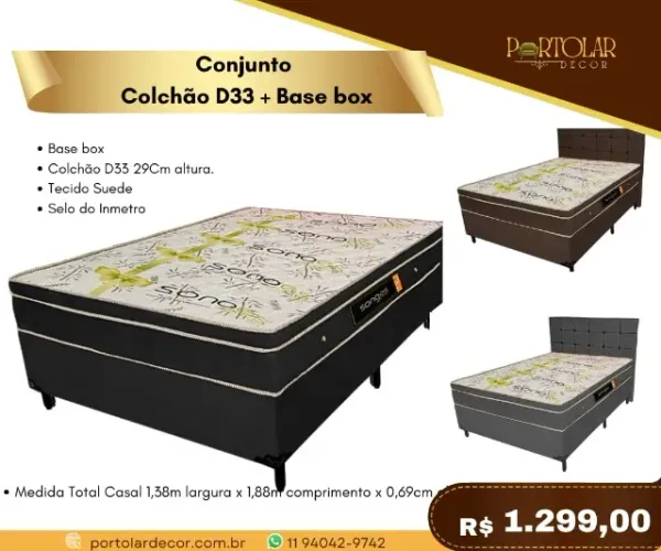 Conjunto Colchão D33+ Base Box, a pronta entrega