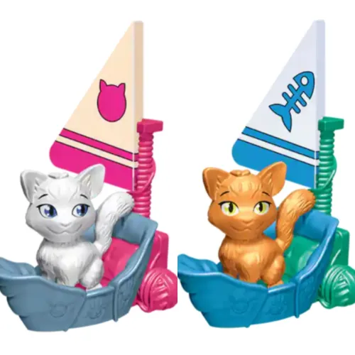 2 brinquedos Kinder Joy - Viagem pelo Mundo 2025 - Gatinho branco e laranja no barco