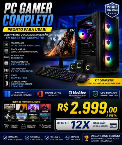 PC completo com monitor LED, placa de vídeo e SSD 
