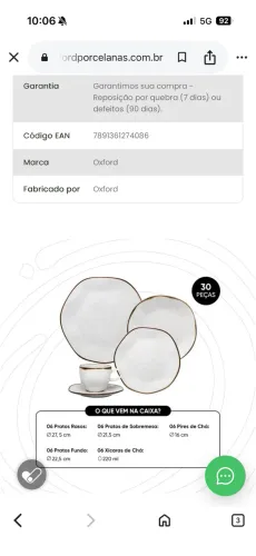 Aparelho de Jantar Oxford Ryo Maresia 30 Peças - Perfeito Estado