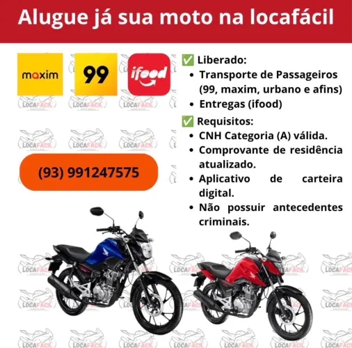 Alugue sua moto para trabalhar em apps de transporte e entrega!!