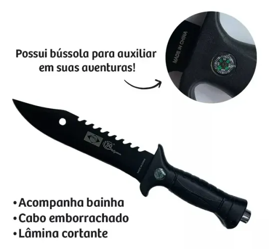 faca esportiva militar com bussula bainha promoção 31cm 7" sq-1349