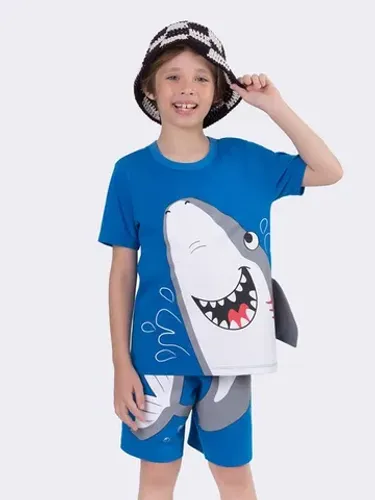 Pijama Manga Curta Tubarão<br>Azul - Tamanho 6 Anos