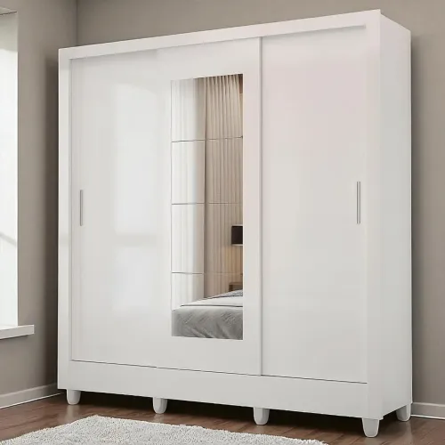 Guarda roupa casal branco com portas de correr e espelho