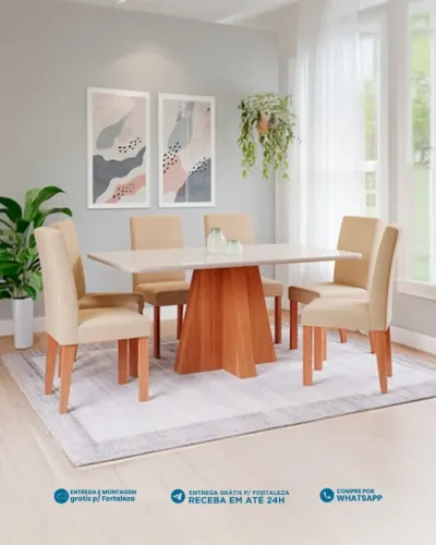 Sala de Jantar de 1,60m Larissa com 6 cadeiras - Entrega e montagem p/ Fortaleza