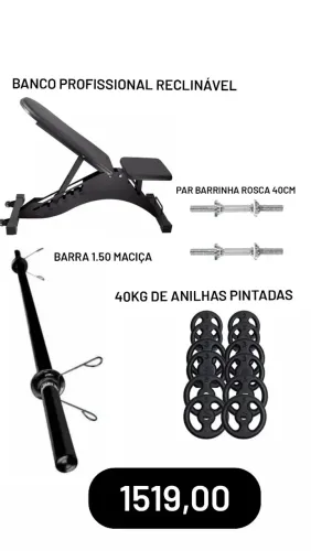 Banco Profissional Reclinável + Barra halter + Anilhas