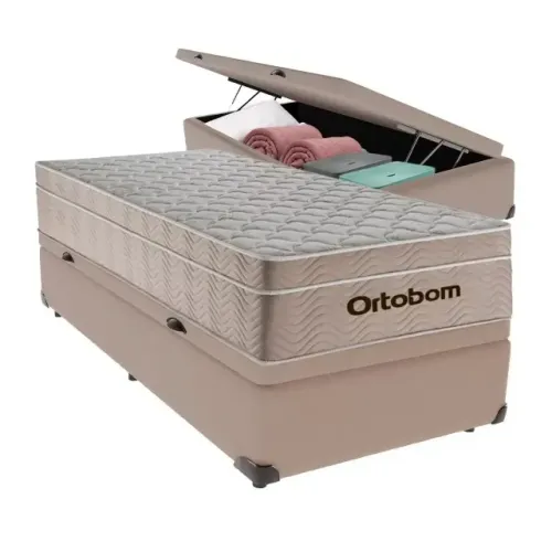Base Box Baú Solteiro Bege com Colchão Solteiro Molas Ensacadas Ortobom - Entrega Rápida!