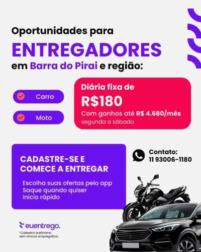 Oportunidade para entregador em Barra do Piraí diária fixa por R$ 180