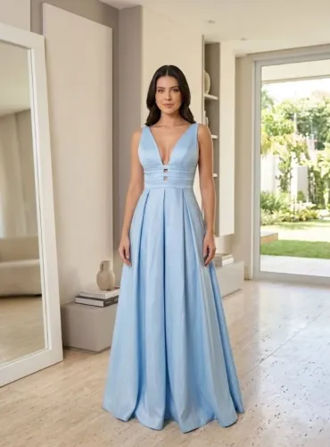 Vestido longo azul cetim