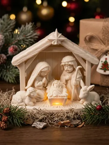 ? Presépio Sagrada Família em 3D Branco (12x9 cm) Enfeite de Natal<br>