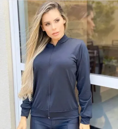 Jaqueta curta manga longa suplex com zíper feminina