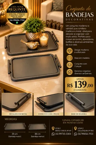 Conjunto de Bandejas Decorativas em Madeira e Metal - 2 Peças