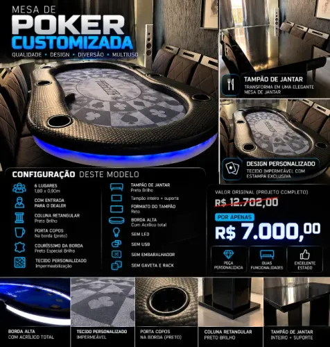 Mesa de Poker Premium 6 Lugares + Tampo de Jantar + 6 cadeiras