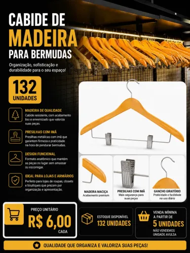 Cabide de Madeira para Bermudas com Presilhas 132 Unidades Seminovo