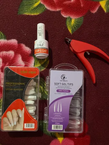 Kit unha postiça branca e transparente, top coalt, cortador de unha vermelho