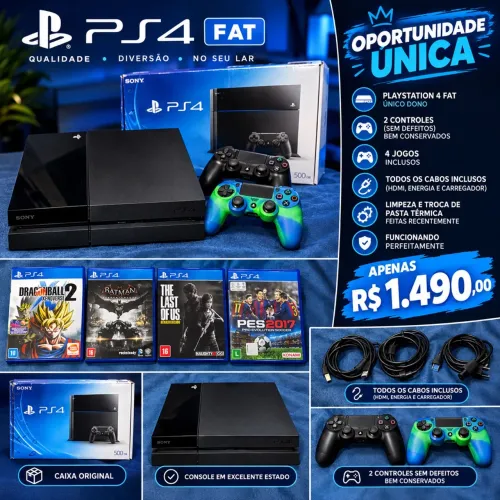 ? PS4 Fat 500GB + 2 Controles + 4 Jogos + Caixa Original