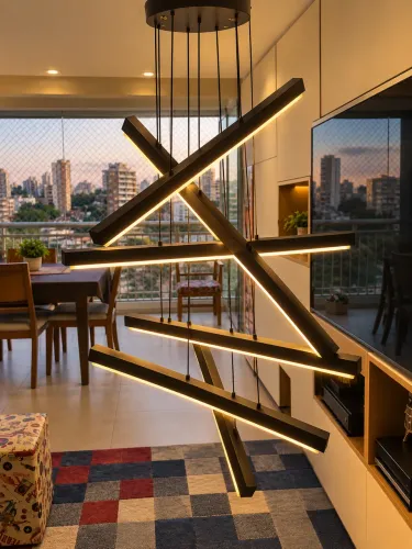 Lustre Pendente LED Moderno Preto - Grande Porte / Design Geométrico