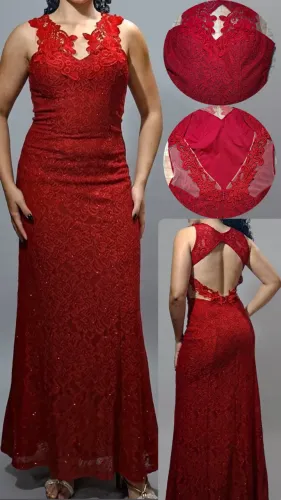 Vestido Elegante de Festa Vermelho Longo - Renda com Brilho e Costas Abertas