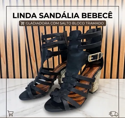 Sandália Gladiadora Bebecê Salto Bloco Tramado Preta Tam.