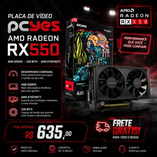 Placa de Vídeo Pcyes AMD Radeon RX550, 4GB GDDR5, 128 Bits, AMD